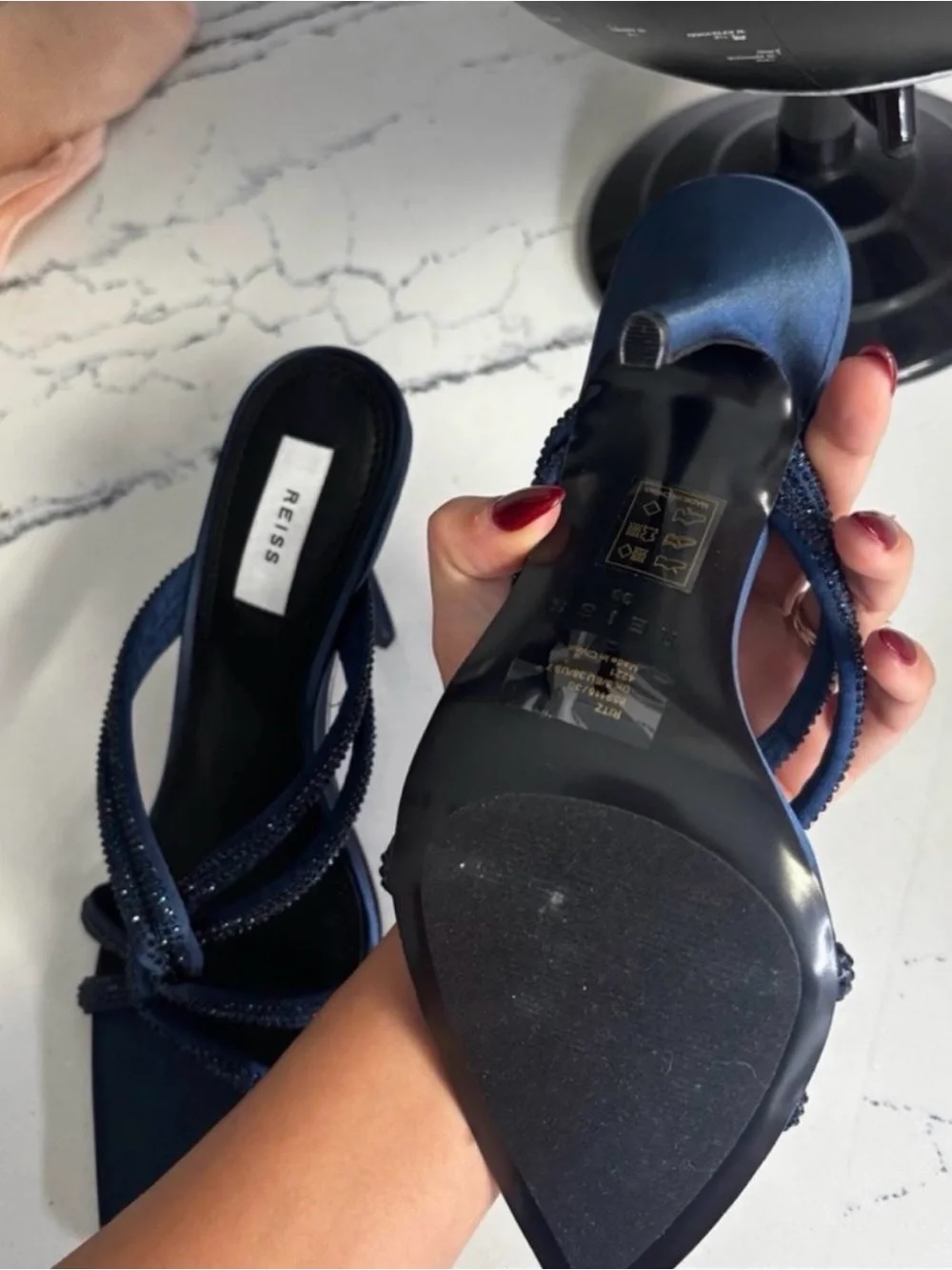 Reiss Navy Crystal-Strap Stiletto Mule